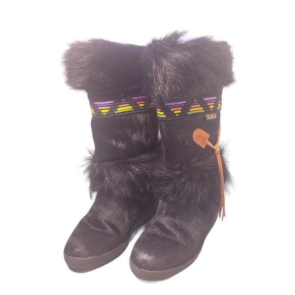Tecnica Italian Black Full Fur Vintage Apres Ski Boots With Suede Tassel Womens - Picture 2 of 13